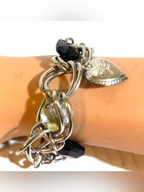 Silver tone Heart Charm Bracelet with Black Faceted plastic beads